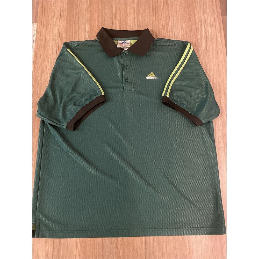 Adidas Polo Shirt Mens Large Green Striped Climalite Golf Rugby Casual Outdoor